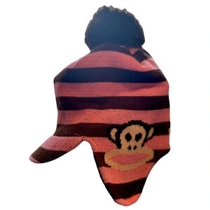 NWT RARE Y2K Paul Frank Kids Pink and Brown  Striped Beanie Hat Brim Pom Pom